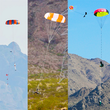 Rockets and drone descending under Fruity Chutes at launches and Interdrone Demo